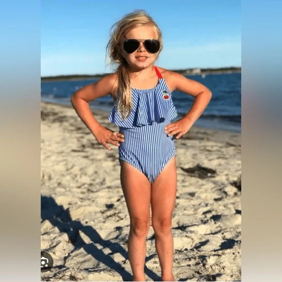 Girls Blue and White Striped Swimsuit - Picture 3 of 5